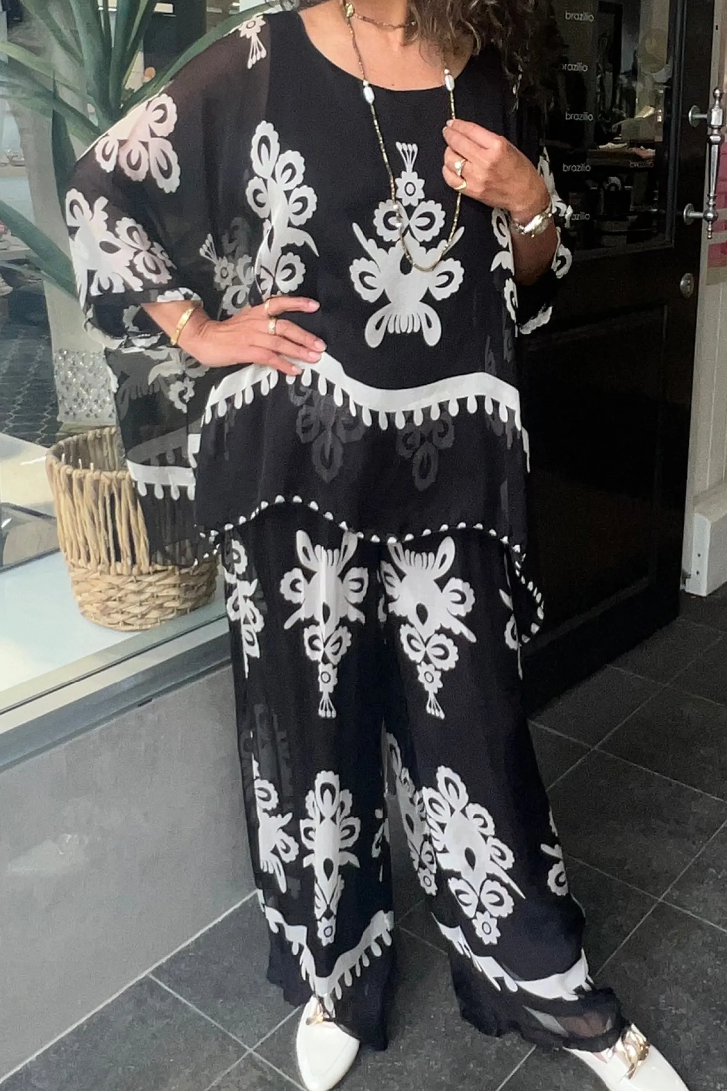 Blossom Print Pants - Black/White - CG37