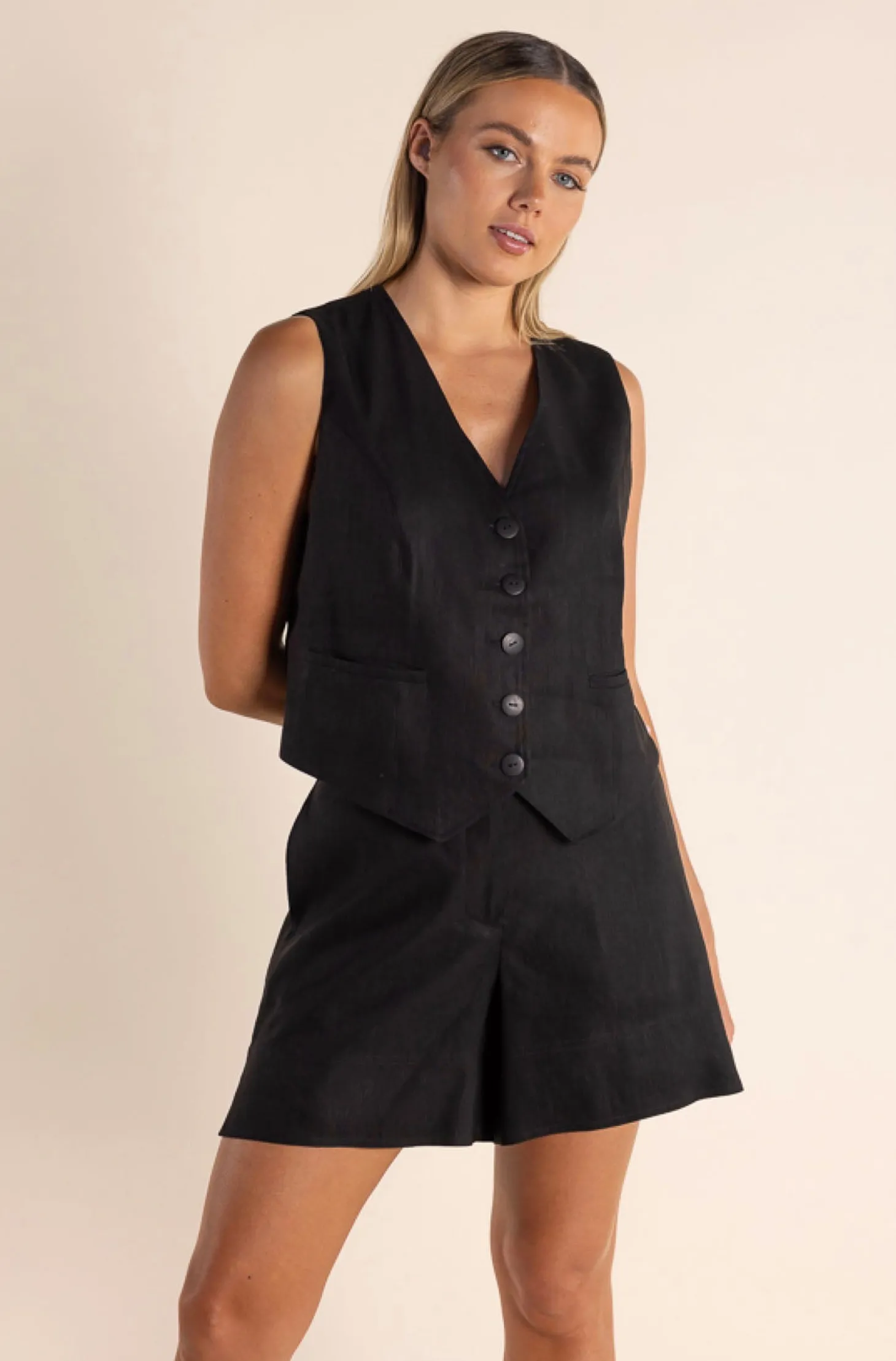Carol Linen Mix Vest - Black - TT46
