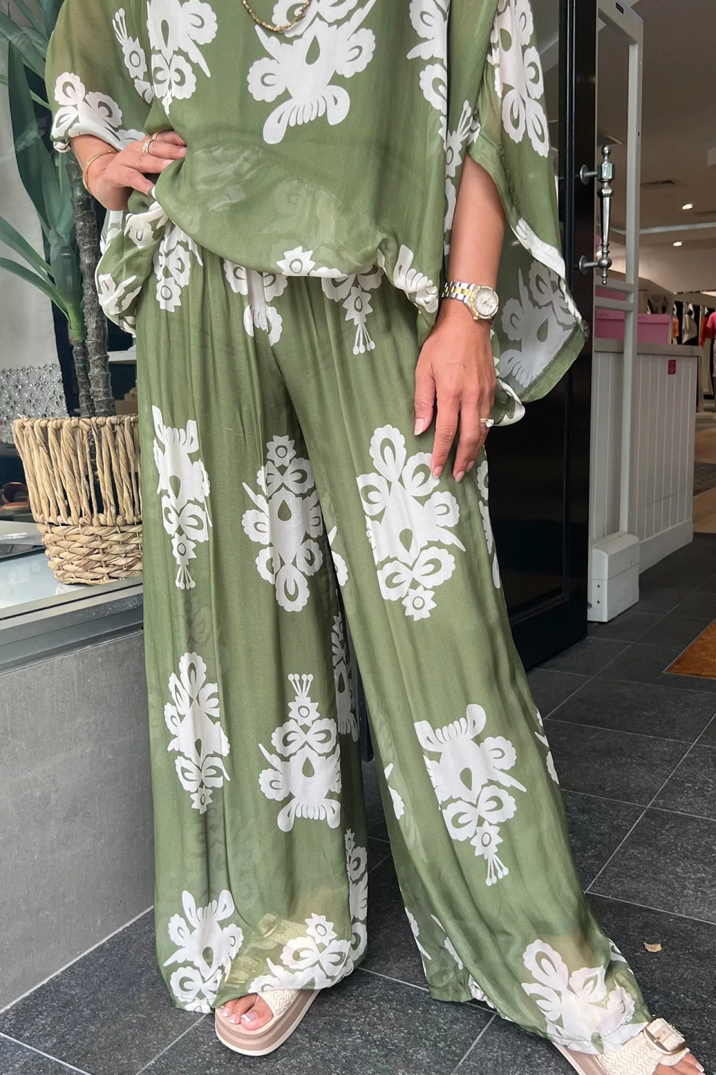 Clover Print Pants - Khaki/Cream - CG38