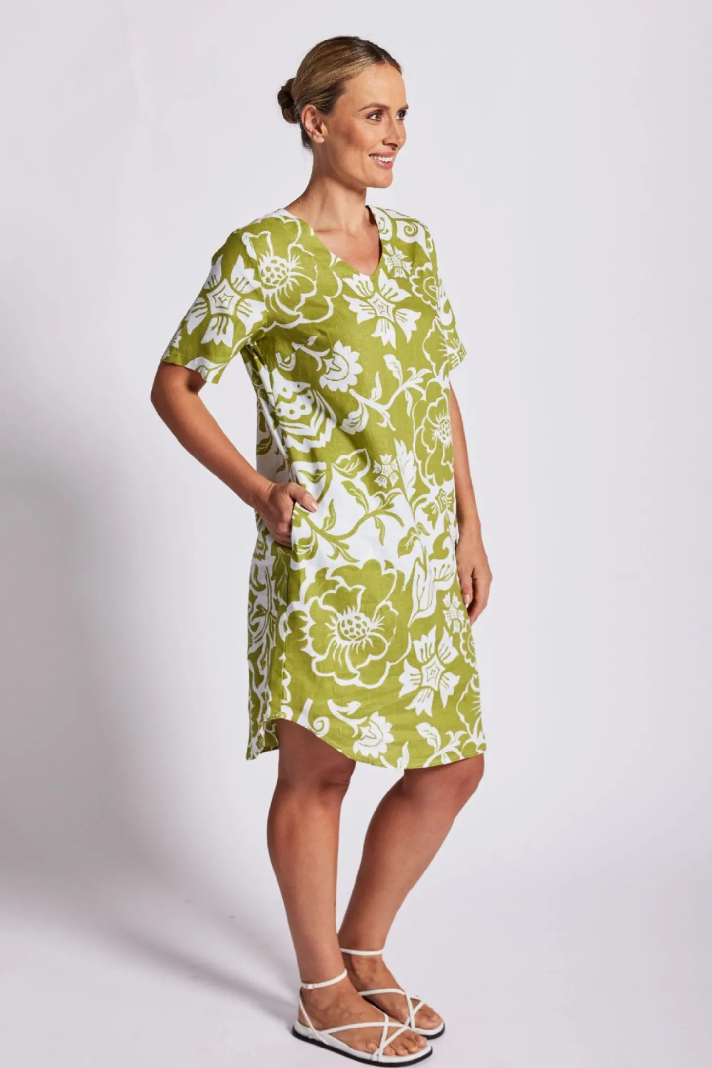 Linen Soft V Neck Dress - Vine - SS25
