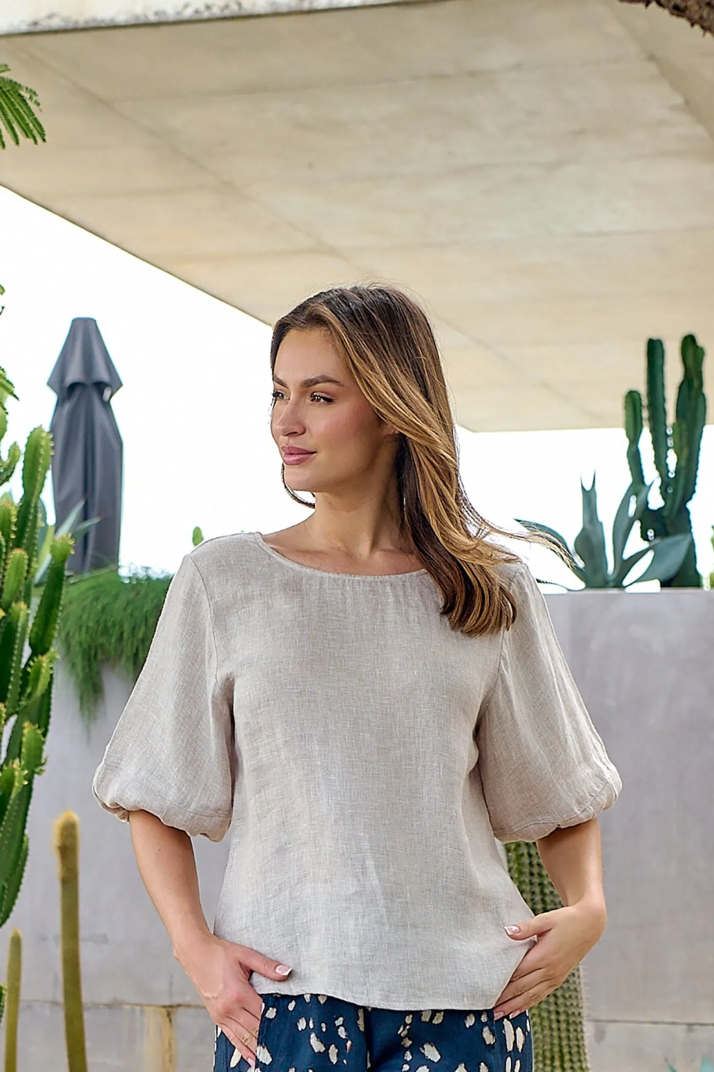 Round Neck Linen Top - Dune - OJ28