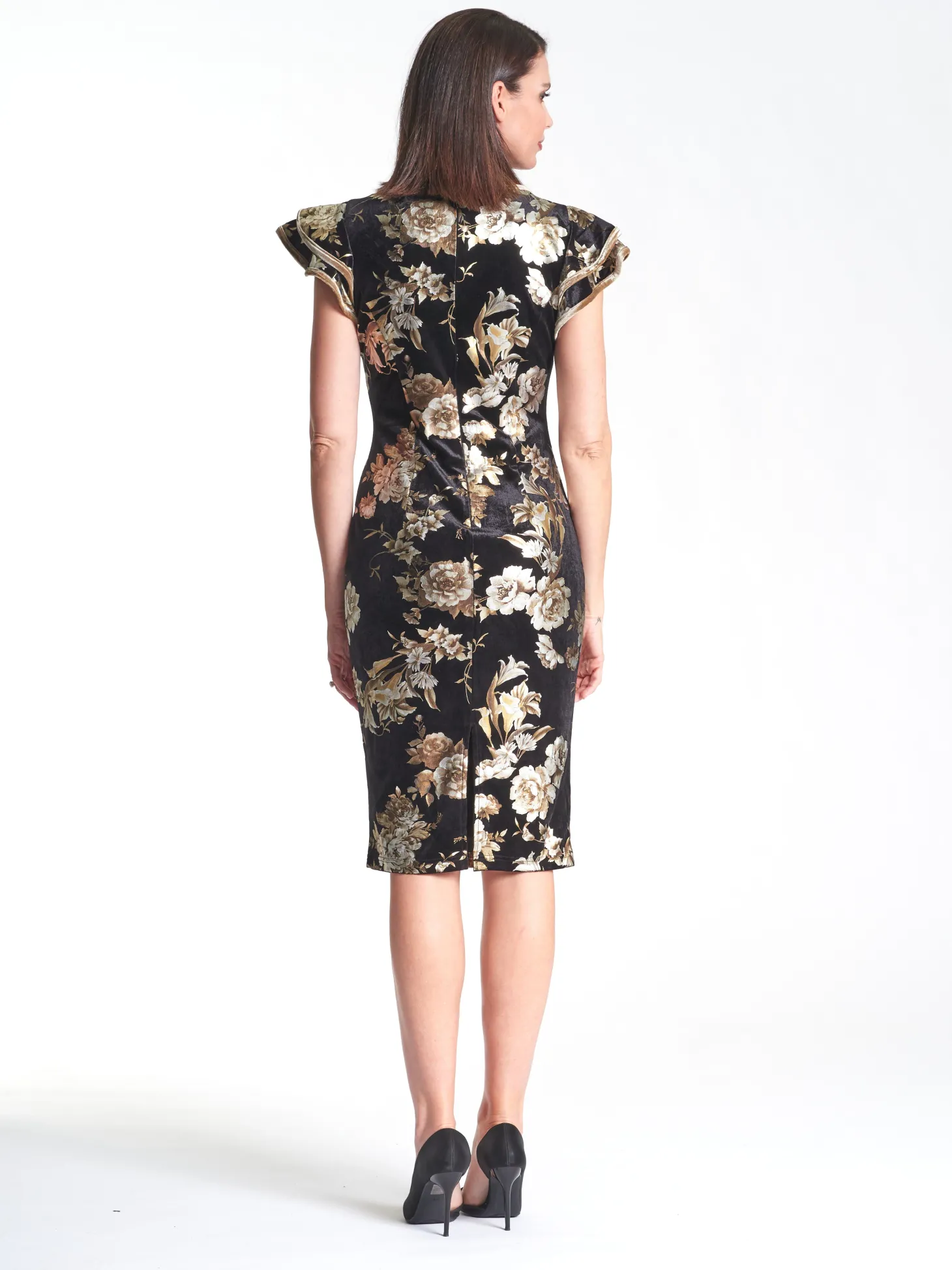 Velvet Frill Sleeve Dress - Flower Print - PR8
